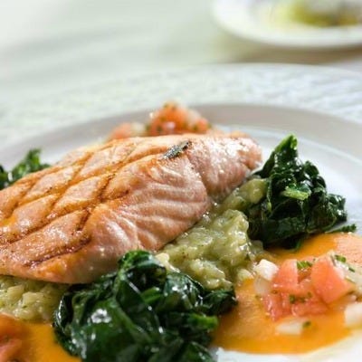 grilled salmon over basil pesto risotto