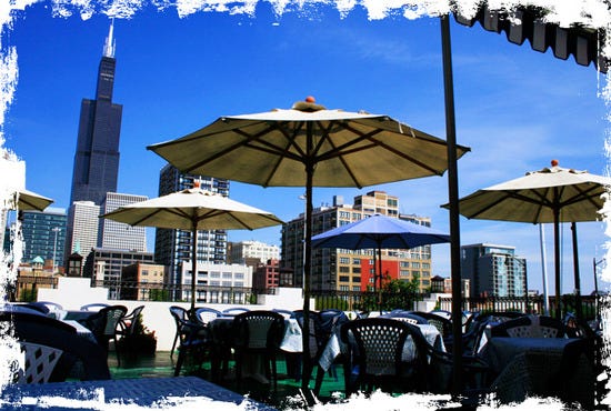 Pegasus's outdoor terrace with a skyline view