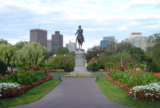 The Boston Public Garden, designed by Frederick Law Olmsted, from the Arlington Street entrance.