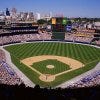 The Atlanta Braves at Turner Field with a view of the downtown Atlanta skyline (1998).