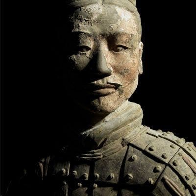 Armored General, Qin Dynasty (221-206 BC).  
Terracotta with pigment, 49-1/2 x 29 x 24-1/2 inches. Museum of the Terracotta Warriors and Horses of Emperor Qin Shihuang, Lintong. &Acirc;&copy; The Trustees of The British Museum with the kind permission of the Shaanxi