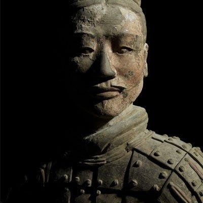 Armored General, Qin Dynasty (221-206 BC).  
Terracotta with pigment, 49-1/2 x 29 x 24-1/2 inches. Museum of the Terracotta Warriors and Horses of Emperor Qin Shihuang, Lintong. &Acirc;&copy; The Trustees of The British Museum with the kind permission of the Shaanxi