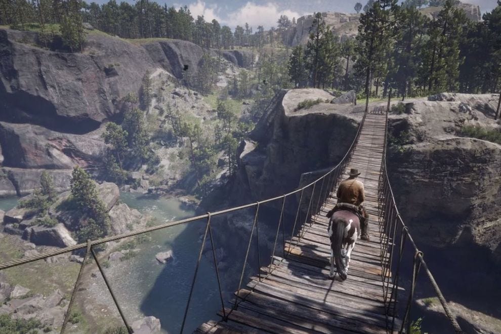 Arthur Morgan traverses a perilous bridge in Red Dead Redemption 2