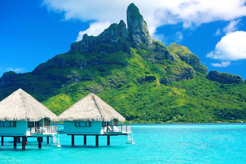 Mount Otemanu and overwater bungalows in Bora Bora