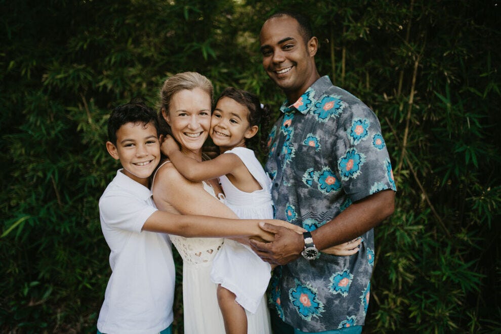 From right to left, Ehren Henderson with his daughter, Havana; wife, Liz; and son, James