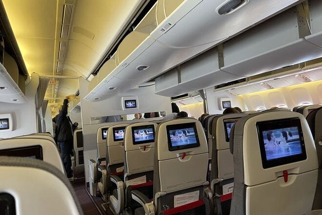 The economy cabin on an Austrian Airlines flight