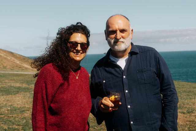 Travel writer Jamie Davis Smith and Chef José Andrés near the ocean.